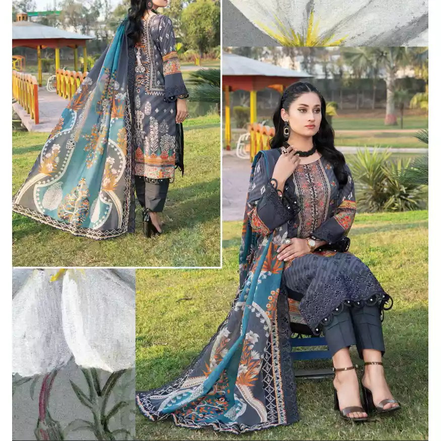 Pakistani Luxury Printed Embroidered Lawn with Jacquard Voil Dupatta-1020 thumbnail 6