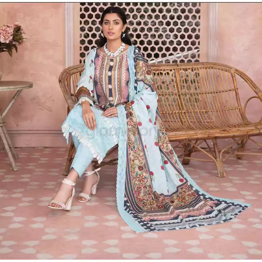Pakistani Luxury Printed Embroidered Stripe Lawn with Jacquard Voil Dupatta-1035 thumbnail 4