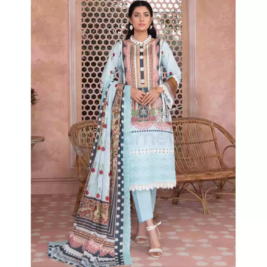 Pakistani Luxury Printed Embroidered Stripe Lawn with Jacquard Voil Dupatta-1035 thumbnail 6