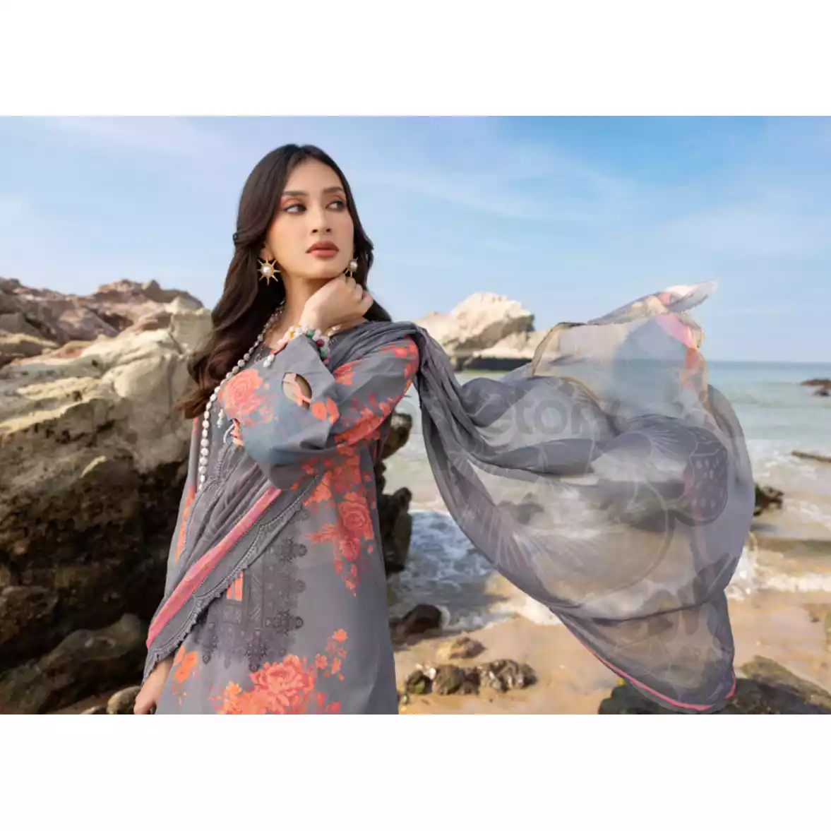 CHARIZMA Luxury Printed Lawn with Embroidered Cut-Work Chiffon Dupatta-10143 thumbnail 4