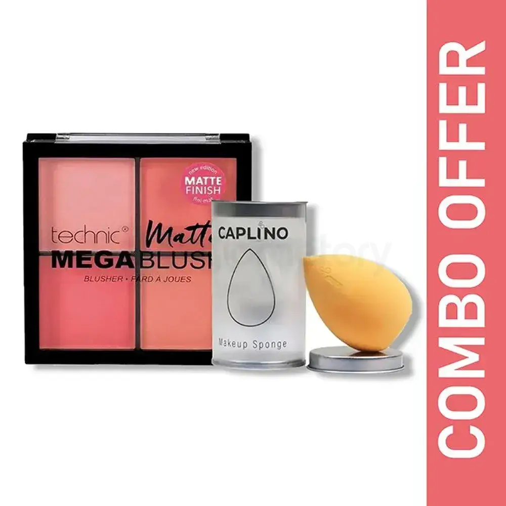 Technic Matte Mega Blush 4 Palette and 1pcs Caplino Makeup Sponge Yellow